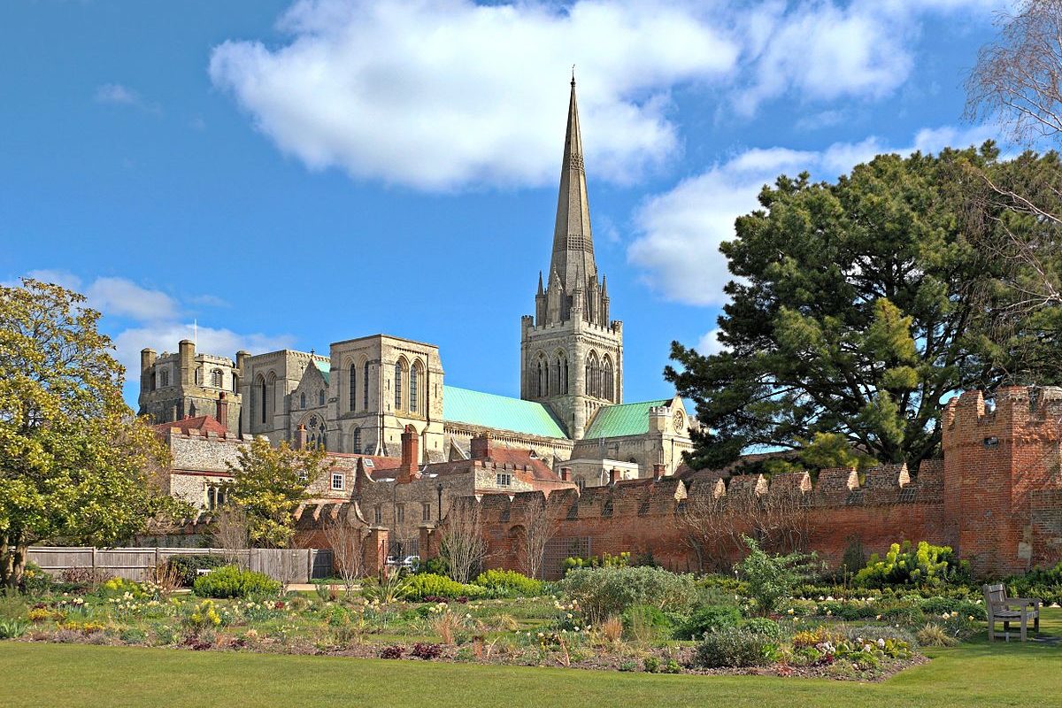 Chichester Cathedral pictured inside gardens