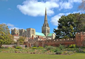 Chichester Cathedral pictured inside gardens