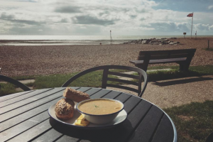 Fresh soup and bread on an outdoor table at the Sea Lane Cafe