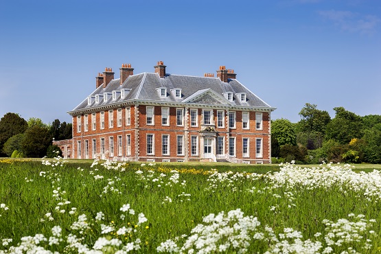 South front of the house from the meadow with white flowers at Uppark House and Garden, West Sussex.