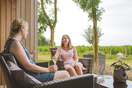 Friends enjoying a glass of fizz at Tinwood Lodges