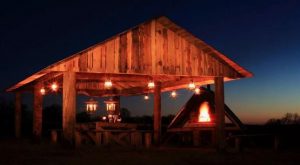 Canfield Farm barn lit at night