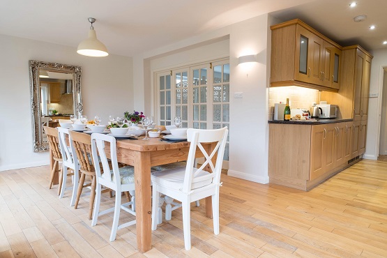 Beautiful spacious dining room and kitchen at luxury accommodation, Cornerstones Birdham in Chichester