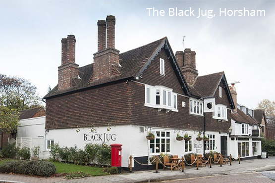 The front of a traditional pub in West Sussex, The Black Jug in Horsham