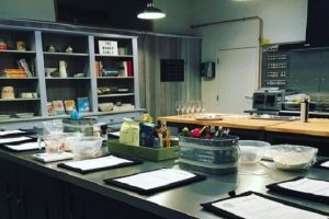 A kitchen ready for a cookery lesson at the Round Table Cookery school in Haywards Heath