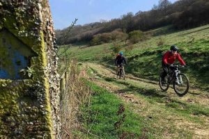 Two cyclists riding down country path on South Downs