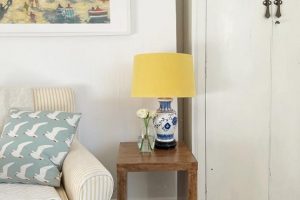 Yellow lamp positioned on top of a wooden side table in a living area