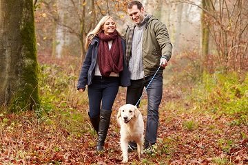 A couple walking their dog in woods in West Sussex