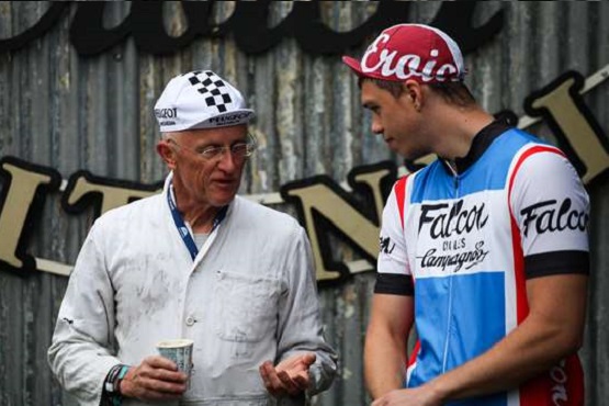 Two cyclists chatting at Goodwood
