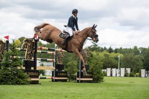 A horse jumping over an obstacle at Hickstead
